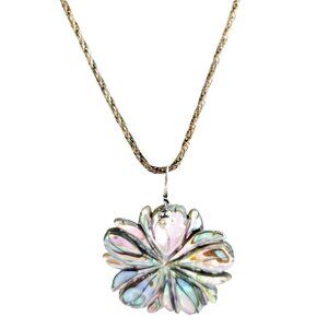 Vintage Abalone Flower Shell Pendant On Sterling Silver Chain 18" Long